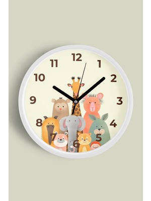 Sevimli Hayvanlar Modern Tasarım Çocuk Odası Duvar Saati - 30CM - Önü Camlı Beyaz Kasa