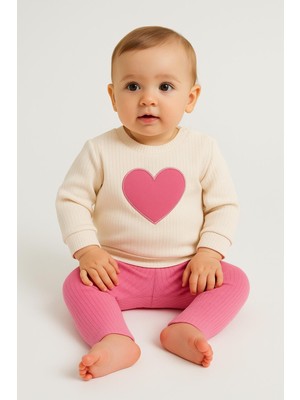 Dinamik çocuk Kız Bebek Kalp Desenli Kol Detaylı 2li Alt-Üst Sweat ve Eşofman Takımı 3-6-9-12AY