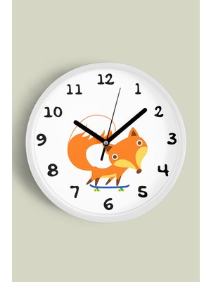 Sevimli Tilki Modern Çocuk Odası Duvar Saati - 30CM - Önü Camlı Beyaz Kasa - Sessiz Mekanizma