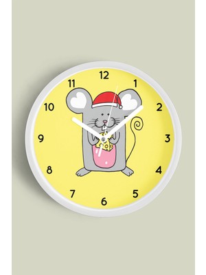Sevimli Fare Çocuk Odası Modern Duvar Saati - 30CM - Önü Camlı Beyaz Kasa - Sessiz Mekanizma