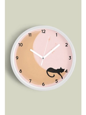 Ayda Uyuyan Kedi Duvar Saati - 30CM - Önü Camlı Beyaz Kasa - Sessiz Mekanizma