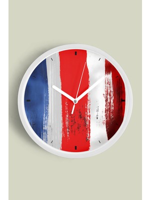 Kırmızı Beyaz Mavi Fırça Desenli Modern Duvar Saati - 30CM - Önü Camlı Beyaz Kasa - Sessiz Mekanizma
