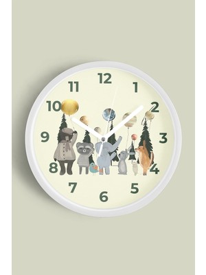 Sevimli Hayvanlar Çocuk Odası Modern Duvar Saati - 30CM - Önü Camlı Beyaz Kasa - Sessiz Mekanizma