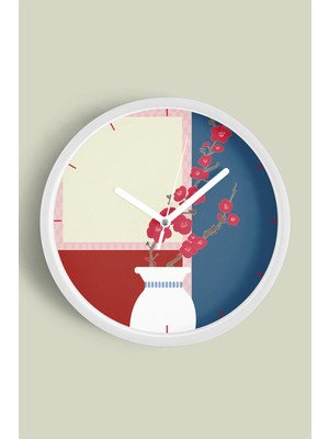 Soyut - Bohem - Çiçek Temalı Modern Duvar Saati - 30CM - Önü Camlı Beyaz Kasa - Sessiz Mekanizma