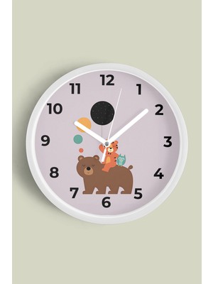 Sevimli Hayvanlar Modern Tasarım Çocuk Odası Duvar Saati - 30CM - Önü Camlı Beyaz Kasa