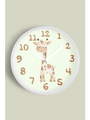 Sevimli Zürafa Temalı Çocuk Odası Modern Duvar Saati - 30CM - Önü Camlı Beyaz Kasa