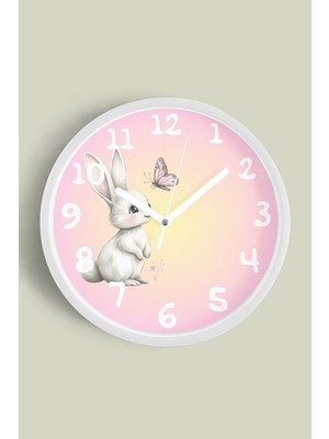 Sevimli Tavşan Temalı Çocuk Odası Modern Duvar Saati - 30CM - Önü Camlı Beyaz Kasa