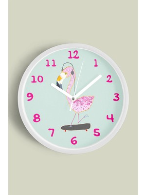 Kaykay Yapan Pembe Flamingo Çocuk Odası Duvar Saati - 30CM - Önü Camlı Beyaz Kasa - Sessiz Mekanizma