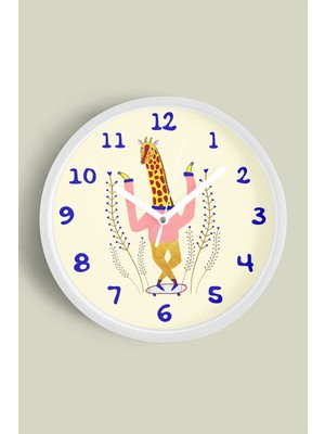 Sevimli Zürafa Çizimli Çocuk Odası Duvar Saati - 30CM - Önü Camlı Beyaz Kasa - Sessiz Mekanizma