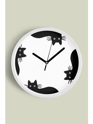 Kedi Tasarım Modern Duvar Saati - 30CM - Önü Camlı Beyaz Kasa - Sessiz Mekanizma