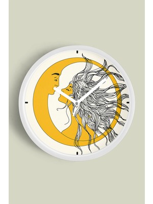 Güneş ve Ay Aşıklar Desenli Modern Duvar Saati - 30CM - Önü Camlı Beyaz Kasa - Sessiz Mekanizma