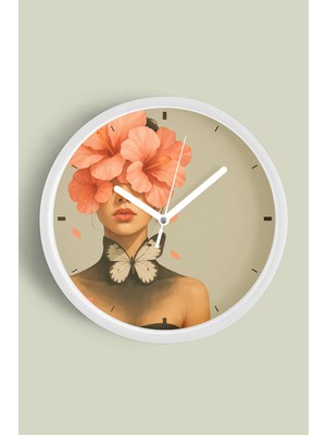 Çiçek Tacı ve Kelebekli Kadın Illüstrasyonu Modern Duvar Saati - 30CM - Önü Camlı Beyaz Kasa