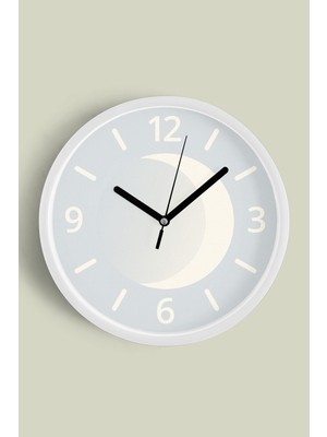 Minimalist Ay Figürlü Modern Duvar Saati - 30CM - Önü Camlı Beyaz Kasa - Sessiz Mekanizma
