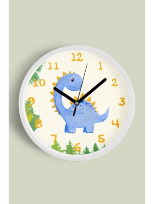 Sevimli Dinozor Çocuk Odası Duvar Saati - 30CM - Önü Camlı Beyaz Kasa - Sessiz Mekanizma