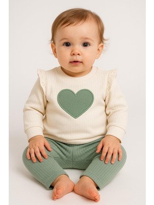Dinamik çocuk Kız Bebek Kalp Desenli Kol Detaylı 2li Alt-Üst Sweat ve Eşofman Takımı 3-6-9-12AY