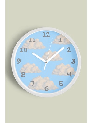 Bulut Tasarımı Çocuk Odası Duvar Saati - 30CM - Önü Camlı Beyaz Kasa - Sessiz Mekanizma