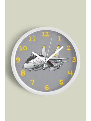 Jet Uçak Çizimli Modern Duvar Saati - 30CM - Önü Camlı Beyaz Kasa - Sessiz Mekanizma