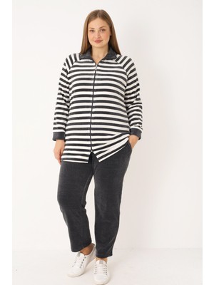 Intensive Collection Çizgili Uzun Kollu Cepli Pamuklu Kadife Fermuarlı Balıkçı Yaka Kadın Büyük Beden Eşofman Takımı