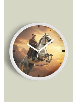 JHAAR Mustafa Kemal Atatürk Tasarımlı Modern Duvar Saati - 30CM - Önü Camlı Beyaz Kasa - Sessiz Mekanizma