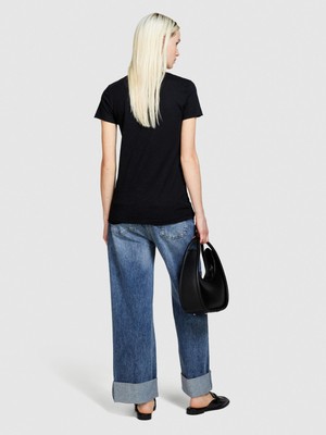 Sisley Pamuk Modal Karışımlı Normal Kalıp Bisiklet Yaka T-Shirt Kadın Siyah T-Shirt - 324P3TNHL11A2