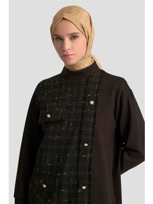 Armine 25KT415 Siyah Kadın Dokuma Kumaş Gold Düğme Detaylı Fermuarlı Tunik