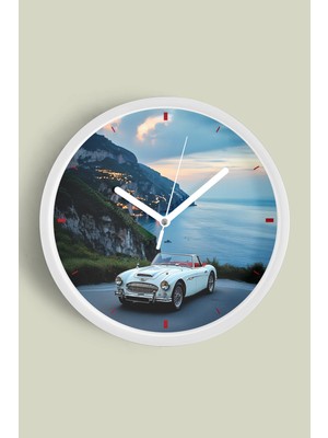 JHAAR Klasik Araba ve Sahil Manzaralı Duvar Saati - 30CM - Önü Camlı Beyaz Kasa - Sessiz Mekanizma
