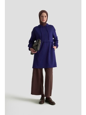 Armine 25KT462 Lacivert Kadın Kapüşonlu Yandan Cepli Kolları Lastikli Fitilli Tunik