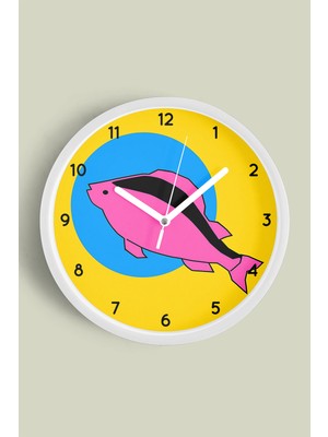 JHAAR Soyut Balık Tasarımı Modern Duvar Saati - Çocuk Odası - 30CM - Önü Camlı Beyaz Kasa