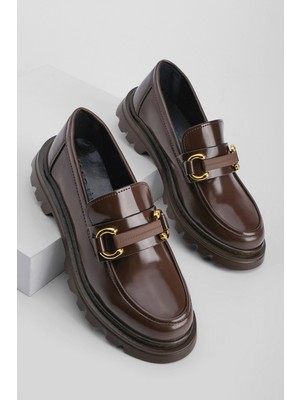 Marjin Kadın Loafer Yüksek Taban Tokalı Günlük Ayakkabı Kinles Kahve