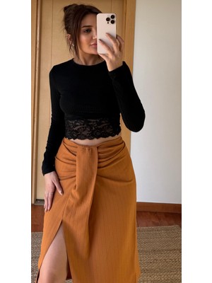 Daves Önden Yırtmaçlı Kalem Etek Taba