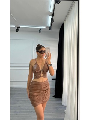 Daves Yüksek Bel Drapeli Deri Kısa Etek-Kahve