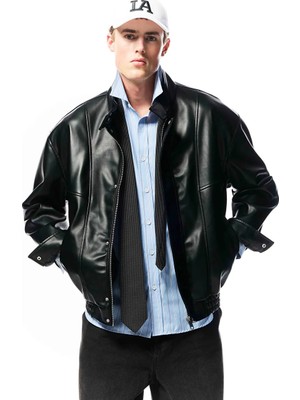 LC Waikiki Xsıde Siyah Rahat Kalıp Dik Yaka Erkek Deri Görünümlü Ceket