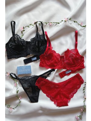 Maizen Kadın Dolgusuz Toparlayıcı 2'li Kırmızı Siyah Dantelli Sütyen Takımı