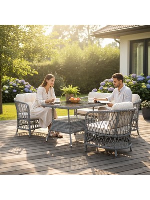 Tu Tienda Tire ALÜMİNYUM 2+1+1+MASA(70X120) Bahçe Balkon Mutfak Takımı, Gri Rattan/ Krem Kumaş