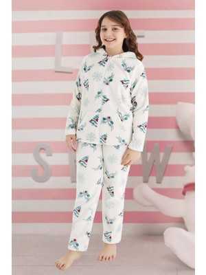 Aydoğan Kız Çocuk Desenli Polar Pijama Takımı 240527 Ekru