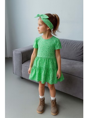 RG Brand Kız Çocuk Saç Bantlı, Çiçek Desenli %100 Pamuk Elbise_RG1420