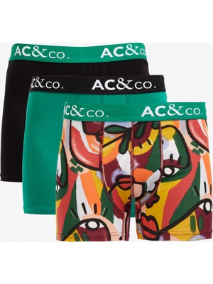 AC&Co / Altınyıldız Classics Erkek Siyah-Yeşil Desenli Pamuklu Esnek 3'lü Boxer Paketi