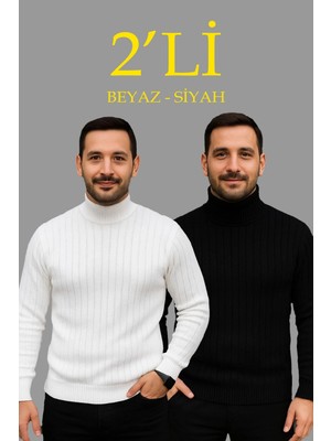 Alfanora Erkek Fitilli Triko Kazak 2'li Set Beyaz Siyah Regular Balıkcı Yaka Tam Boğazlı Triko Seti Modeli Kazak