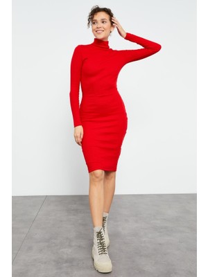 Yake Store  Kırmızı Kaşkorse Triko Dar Kalıp Balıkçı Yaka Kadın Elbise - 97117