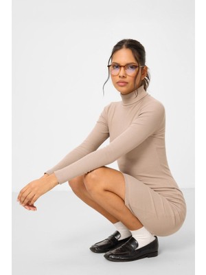 Yake Store  Bej Kaşkorse Triko Dar Kalıp Balıkçı Yaka Kadın Elbise - 97117