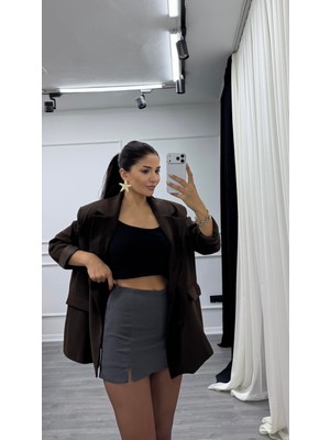 Daves Antrasit Rahat Kalıp Krep Kumaş Önden  Yırtmaçlı Şort Etek