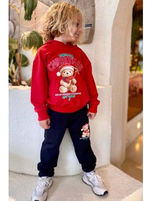 Riccotarz Kız Erkek Çocuk Üzerinde Ayıcık ve Merry Christmas Yazı Baskılı Kazak Kırmızı Eşofman Takım