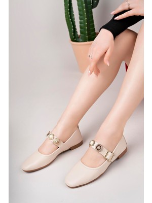 Aymood Kadın Krem Cild Günlük Babet Tokalı Ayarlanabilir Hafif Rahat Ayakkabı