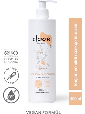 Clooe Organik Bebek & Çocuk Saç, Vücut Şampuanı (400ml) - pH Dengeli, Konak Önleyici