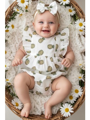 Parla Kids Kız Bebek Ananas Desenli Salopet Bandana Takım