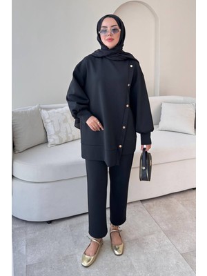 Tesettür Diyarı Scuba Yandan Çıtçıtlı Tesettür Takım- Siyah