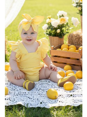 Parla Kids Kız Bebek Sarı Pamuklu Salopet Bandana Takım