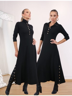 Qimya Butik Buketli Kadın Dik Yakası ve Iki Yanı Çıt Çıt Detaylı Çelik Örme Penye Triko Uzun Kollu Uzun Elbise