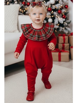 Parla Kids Kız Çocuk Kırmızı Ekose Yakalı Çıtçıt Detaylı Yılbaşı Tulum Salopet