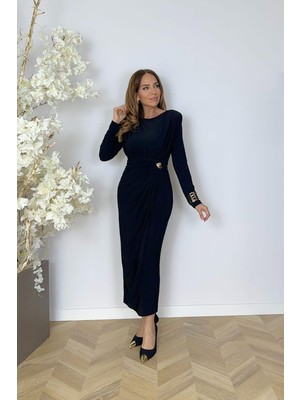 G1562 Drape ve Broş Detaylı Elbise Siyah